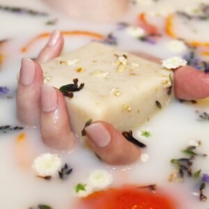 a person's feet on a plate of food